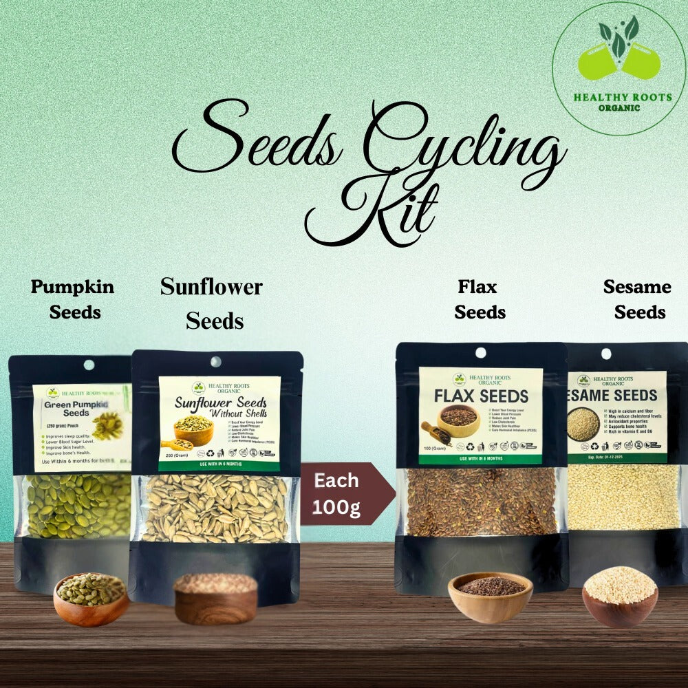 Seeds Cycling kit/ including those with irregular cycles, PMS, or menopause-related concerns.  Empower your body naturally with our Seeds Cycling Kit and take a step towards hormonal harmony.